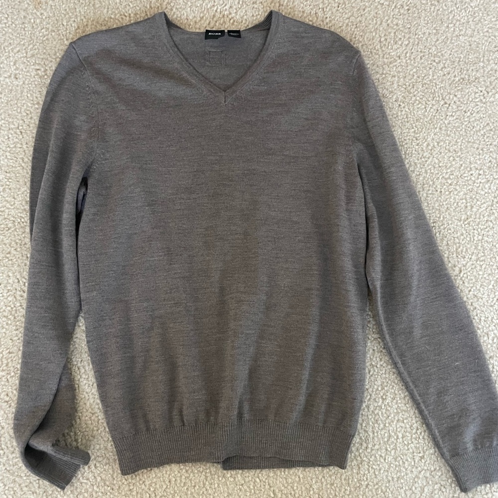 Men’s Hugo Boss v-neck wool sweater in size medium.